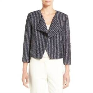 NEW CLASSIQUES ENTIE asymmetrical crop tweed open front jacket in blue